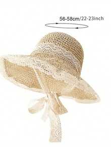 1pc Summer Lace Ribbon Straw Hat For Women, Woven Wide Brim Sun Protection Hat, Beach Vacation Bucket Hat - F - View 3
