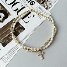 A Baroque Faux Pearl Necklace Diamond Cross Pendant Clavicle Chain Suitable For Women Daily Wear - Multicolor - View 5