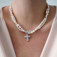 A Baroque Faux Pearl Necklace Diamond Cross Pendant Clavicle Chain Suitable For Women Daily Wear - Multicolor - View 12