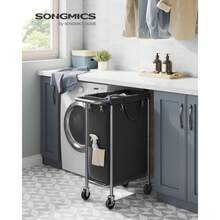 SONGMICS - Cesta de lavandería con ruedas cesta de lavandería enrollable 23.8 galones 90 l forro extraíble marco de acero con asa 24 x 11.4 x 31.9 pulgadas tinta negra URLS003B01 - Tinta negra - Ver 2