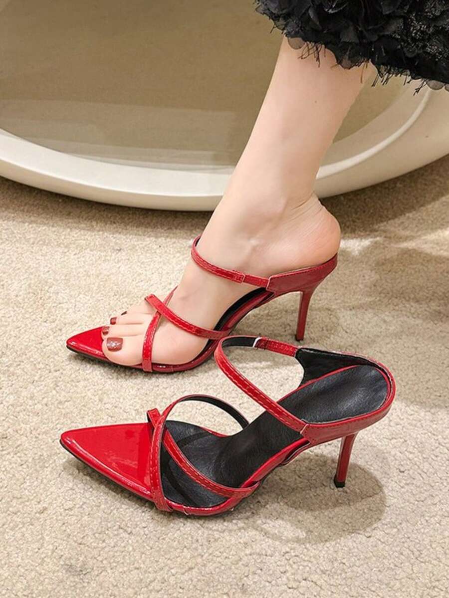 交叉绑带尖头细高跟露趾PU皮派对凉鞋，夏季 - 紅色 - 查看 1