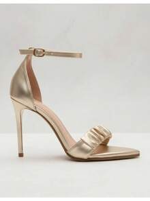 Sandália Feminina Salto Alto 10 CM Dourado Detalhe Tira Franzida Confortavel Elegante Festa Casual - Dourado - Visão 5