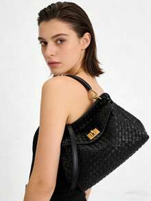 Shoulder Bag, JW Spring/Summer New Woven Bag Vintage Style Soft Leather Pillow Bag Lucia Lock Handbag Women's Office Small Tote Bag Commute Shoulder Crossbody Small Bag 2T68 Daily Commute Casual Outing Holiday/Party Shopping/Strolling Travel/Vacation Special Occasion - Black - View 5
