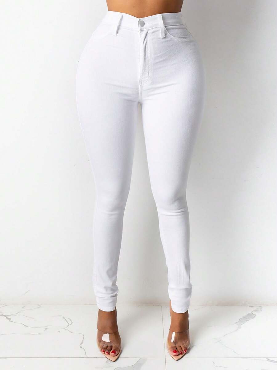 Women's High-Waisted Slim Fit Denim Pencil Pants Casual Long Trousers 2025 - 白色 - 查看 1