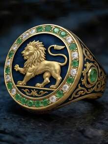 这款男士戒指设计精美，整体风格复古别致。戒指中央是深蓝色珐琅底，上面浮雕着一头金色雄狮。雄狮鬃毛卷曲，前爪高举，姿态威武雄壮。 - 彩色 - 查看 4