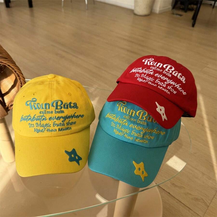 Kawaii Star Patch Washed Cotton Baseball Cap, Y2K Letter Embroidery Adjustable Sun Hat For Women Men Streetwear