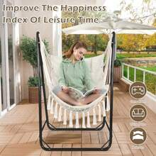 Silla hamaca con soporte resistente estilo bohemio colgante con borlas con reposacabezas y bolsillos laterales para interiores y exteriores patio porche color negro y blanco - Negro Blanco - Ver 5