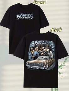 Printed T-Shirt Cotton Plus Size Men's Clothing, 220g Heavyweight Pure Cotton Street - Homie - Car Tee - 'HOMIES' Print ,Y2K,Oversized Shirt Men,Summer Tops - 黑色 - 查看 7
