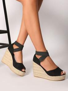 Zapatos de cuña casual con cuerda elástica cruzada y punta abierta de gamuza para mujer - Negro - Ver 3