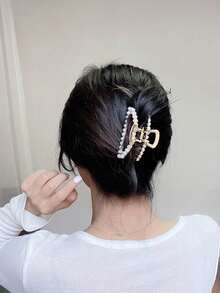 1pc Women's Rhinestone Embellished Half-Clip Hair Clip, Minimalist Metal Hair Accessory, Elegant Daily Wear - Gold - View 7