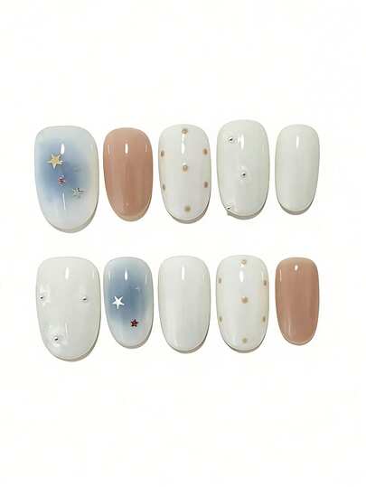 这款10件装手链以梦幻般的朦胧蓝与裸色渐变为特色，点缀着精致的星星吊坠和银色小水钻，散发出温柔空灵的气息。光泽的表面和微妙的色彩过渡营造出精致浪漫的质感。这款优雅的手链能为任何装扮增添一抹仙气，适合日常出行、特殊场合以及四季皆宜的休闲聚会。