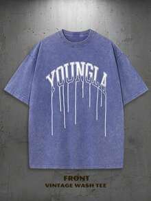 1PC Y2K Vintage Washed T-Shirt | Men's Graphic Tee | YLA Dripping Skull Design Pattern | Gifts For Men Or Boyfriend | 100% Cotton | 230Gsm Thickened Fabric | Unisex - 藍色 - 查看 3