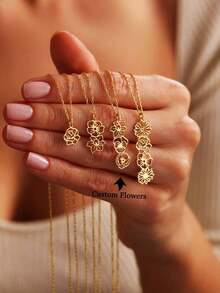 1pc Custom 1-4 Birth Flower Necklace Personalized Flower Necklace, Gold Stainless Steel Jewelry Necklace, Christmas Gift - Multicolor - View 2