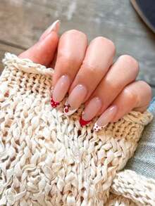 10片手工美甲贴纸，适用于短指甲、假指甲、法式美甲贴片、杏仁形美甲、裸色美甲、红白撞色美甲、可爱风格美甲、夏季美甲、3D樱桃红波点美甲、水钻装饰，包含美甲工具，适合各种场合，易于粘贴和卸除，杏仁形美甲贴纸，女士及女孩适用。 - 紅白色 - 查看 1