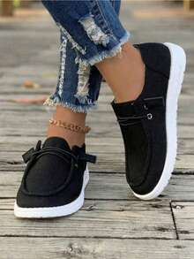 Women's Breathable Linen Slip-On Shoes - Casual Comfort Flat Sneakers For Daily Wear Linen/Cotton Blend Slip-Ons - Lightweight Comfort Casual Shoes For Women Adjustable Drawstring Slip-On Sneakers - Breathable Casual Flat Shoes For Women Neutral Tone Casual Slip-On Shoes - Breathable Lightweight Daily Footwear For Women Plus Size Breathable Slip-On Sneakers - Comfort Flat Casual Shoes For All-Day Wear - 黑色 - 查看 4