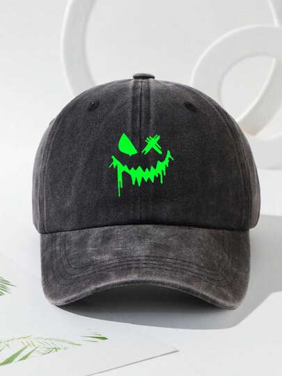 1顶男女通用笑脸印花水洗棒球帽，复古可调节，适合户外旅行、海滩，男女皆宜，圣诞礼物