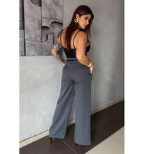 Women's Tailored Wide-Leg Trousers With Belt And Pockets, Elegant High Waist, New Collection Launch, Women's Clothing. - 深灰色 - 查看 3