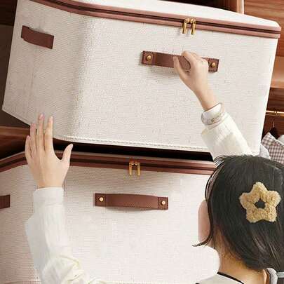 1pc Beige Polyester Storage Bag With Gold Zipper, Drawer-Style Wardrobe Storage Box, Suitable For Decorating Holiday Rooms, Home Bedrooms, Decoration Rooms, Storage Organization, Home Use