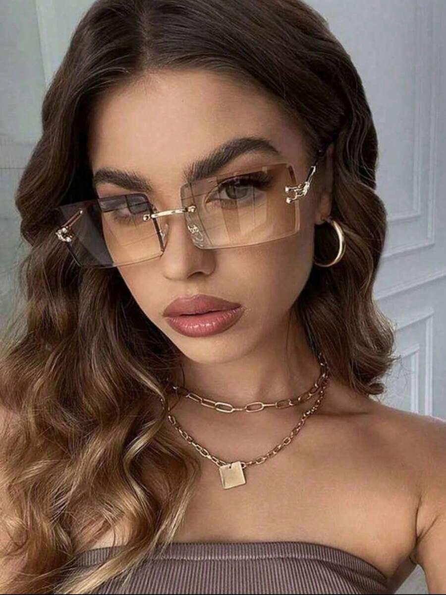 1pc Metal Frameless Ombre Fashionable Glasses, Suitable For Outdoor And Travel, Collegiate Style, Ideal For Back To School Season, Rectangular Frame - Multicolor - View 1