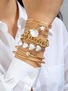 6pcs/Set Bohemian Beach Holiday Style Bracelet Set For Teens, Heart, Star, Shell Pendant Bracelets & Bangles, Mother's Day & Holiday Gift - Shape - View 1