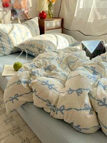 蓝色蝴蝶结图案四件套床上用品（1个被套、2个枕套、1个床单），可爱优雅风格，柔软亲肤，适用于单人/双人床，四季皆宜。 - 淺藍色 - 查看 8