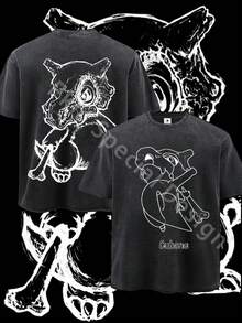Men Black Washed Fade Core Streetwear 100 Percent Cotton T Shirt Cubone Pokemones Print Front And Back Dual Print Vintage Heavyweight Tee Perfect Gift Loose Casual Breathable Machine Washable Fabric Hip Hop Cool Style Drippy Clothes Y2K - 黑色 - 查看 1