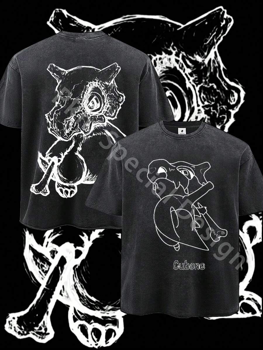 Men Black Washed Fade Core Streetwear 100 Percent Cotton T Shirt Cubone Pokemones Print Front And Back Dual Print Vintage Heavyweight Tee Perfect Gift Loose Casual Breathable Machine Washable Fabric Hip Hop Cool Style Drippy Clothes Y2K - 黑色 - 查看 1