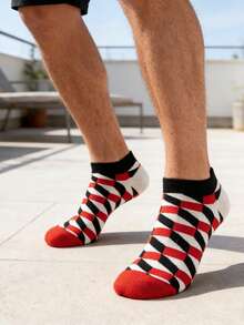 1 Pair Men's Red, White And Black Argyle Pattern Socks, And Versatile For Daily Wear, All Seasons - Multicolor - View 5