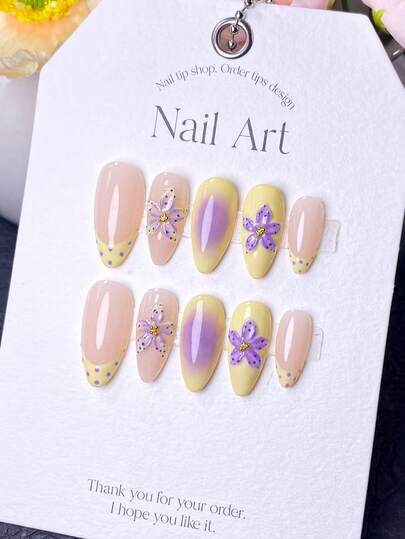 10 Pieces Of Handcrafted Press On Nails, Nail Supplies, Nail Charms, Fake Nails, Short Nails, Nail Art, Summer, Press On Nails Acrylic, Nail Kit, Y2k, Yellow Nails, Purple Nails, Polka Dot Nails, The Light Yellow Nail Surface Is Hand-Carved With A Purple Five-Petal Flower, A Playful And Dopamine Color Combination, Perfect For Spring Outings And Summer Beach Vacations.