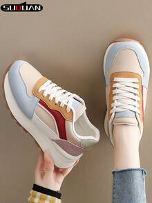2026 New Colorblock Platform Chunky Sneakers For Women, Increased Height, Soft Bottom, Breathable Casual Shoes, Versatile, Comfortable, Retro Style, Lightweight Non-Slip, Student, Korean Fashion, Spring/Autumn - Baby Blue - View 4
