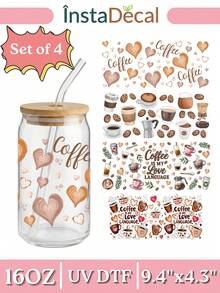 4 件/套 16 盎司玻璃杯 UV DTF 转印贴纸（9.4x4.3 英寸），无需加热，美观的咖啡爱心图案，西部高地牛向日葵豹纹冰咖啡爱好者贴纸，防水摩擦贴纸，适用于 Libbey 易拉罐保温杯 DIY 礼物 - 2Coffee 01 - 查看 1