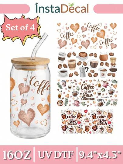 4 件/套 16 盎司玻璃杯 UV DTF 转印贴纸（9.4x4.3 英寸），无需加热，美观的咖啡爱心图案，西部高地牛向日葵豹纹冰咖啡爱好者贴纸，防水摩擦贴纸，适用于 Libbey 易拉罐保温杯 DIY 礼物