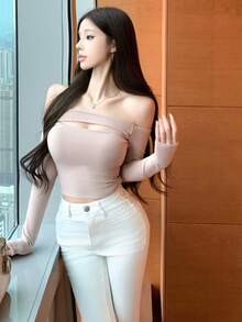 女款初秋新款浪漫修身性感鏤空設計露肩貼身長袖上衣 - 粉色 - 查看 6