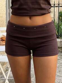 Mini Shorts For Women Low Rise Fashion Rivet Decor Decor Hot Pants Summer Fold Over Waistband Micro Shorts - Chocolate Brown - View 5
