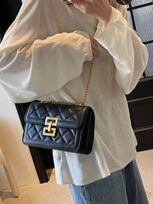 极简金属装饰链条单肩包，优雅PU斜挎包，翻盖单肩包，女士时尚手提包兼手机袋 - 黑色 - 查看 8