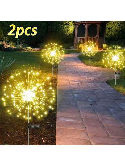 2pcs Solar Powered Firework Lights, Multi-Color Solar Firefly Pathway Lights, 8 Lighting Modes For DIY Decor, Suitable For Path, Garden, Yard, Party, Wedding, Holiday, Christmas - Warm White Solar Garden Lights