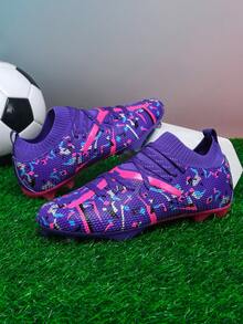 1 par de Tacos de fútbol/Fútbol unisex, Zapatos de entrenamiento con clavos largos, Zapatillas deportivas de competición de baja altura para hombres/mujeres para césped artificial, terreno duro, campo de entrenamiento interior, Zapatos deportivos profesionales de equipo, Botas de fútbol profesionales de alto rendimiento y peso ligero de caña alta, directa de fábrica - Morado - Ver 2