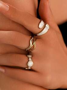 3件套18K镀金不锈钢时尚通勤优雅几何珐琅白色椭圆形可调节戒指套装，适合女性日常、假日、约会佩戴，优雅珠宝礼品 - 彩色 - 查看 2