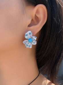 一对几何花朵造型蓝绿松石和立方氧化锆密镶大耳环，适合订婚派对佩戴，女士奢华珠宝 - 綠松石色 - 查看 3