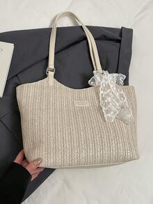 Bolso de mano grande de capacidad para viajes, bolso de hombro simple tejido para mujer, bolso de playa para vacaciones, nueva colección primavera/verano 2026 - Beis - Ver 8