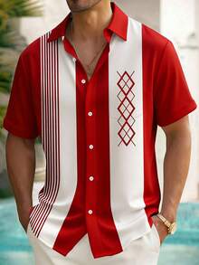 Vintage Bowling Striped Geometric Print Men's Button Pocket Shirt - Red - View 2