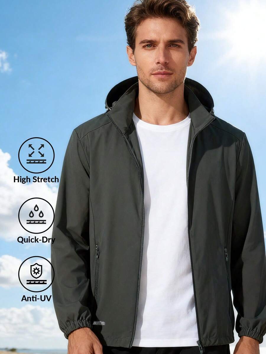 Men's Lightweight Breathable UV Protection Hoodie Jacket, Outdoor Casual Summer Wear - Dark Green - View 1