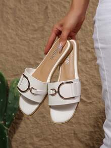 Dép xăng đan đế bằng kiểu dáng bohemian mới, khoét lỗ, thích hợp đi biển cho nữ. - trắng - Xem 1