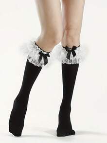 1双甜美高弹透明双层蕾丝蝴蝶结过膝袜，洛丽塔美学 - 黑色 - 查看 6