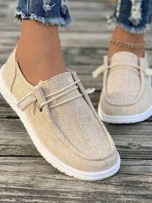 Women's Breathable Linen Slip-On Shoes - Casual Comfort Flat Sneakers For Daily Wear Linen/Cotton Blend Slip-Ons - Lightweight Comfort Casual Shoes For Women Adjustable Drawstring Slip-On Sneakers - Breathable Casual Flat Shoes For Women Neutral Tone Casual Slip-On Shoes - Breathable Lightweight Daily Footwear For Women Plus Size Breathable Slip-On Sneakers - Comfort Flat Casual Shoes For All-Day Wear - Beige - View 5