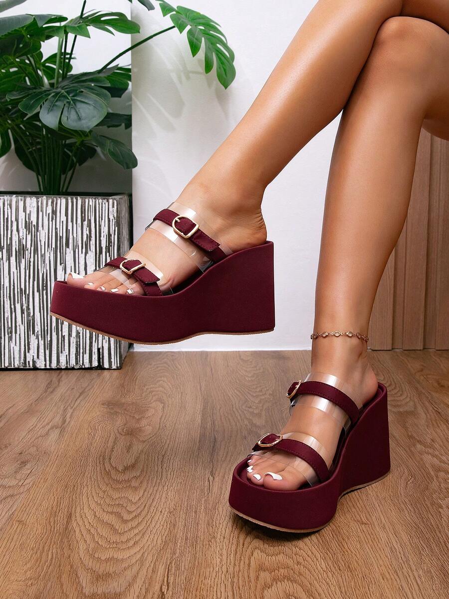 女士透明露趾交叉绑带运动凉鞋，防滑鞋底 - 休闲百搭四季沙滩鞋，适合度假、办公和休闲穿着，多功能坡跟凉鞋 | 中性色鞋款 | 防水厚底高跟凉鞋 - 酒紅色 - 查看 1