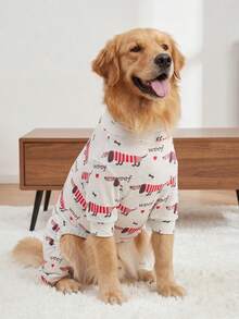 狗狗夏季防掉毛睡衣 - 透气高弹全包覆宠物连体衣，夏季防舔舐防虫连体服，适合中大型犬，全身印花狗狗服装 - 可爱腊肠犬图案 - 白色 - 查看 4