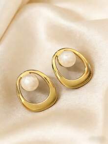 1Pair Of Women's Fashionable And Elegant 18K Gold-Plated Round Stainless Steel Earrings Embellished With Pearls Daily Versatile Geometric Stainless Steel Earrings High Quality Waterproof Suitable For Vacation And Seaside Wear - Gold - View 2