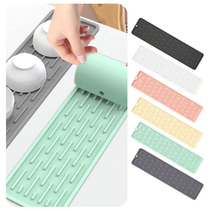 1pc Kitchen Drying Mat, Hot Pot Holder Silicone Quick Dry Dish Drying Mat, Long Silicone Drain Mat, Kitchen Heat Insulation Mat, Pot Holder, Sink Countertop Mat, Cutting Board Non-Slip Mat For Bowls & Cups - Multicolor - View 1