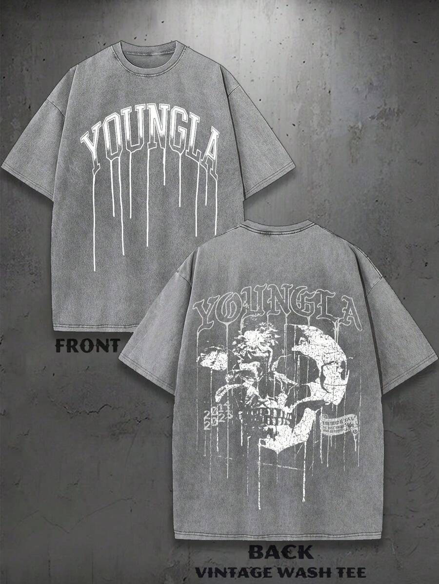 1PC Y2K Vintage Washed T-Shirt | Men's Graphic Tee | YLA Dripping Skull Design Pattern | Gifts For Men Or Boyfriend | 100% Cotton | 230Gsm Thickened Fabric | Unisex - Xám - Xem 1